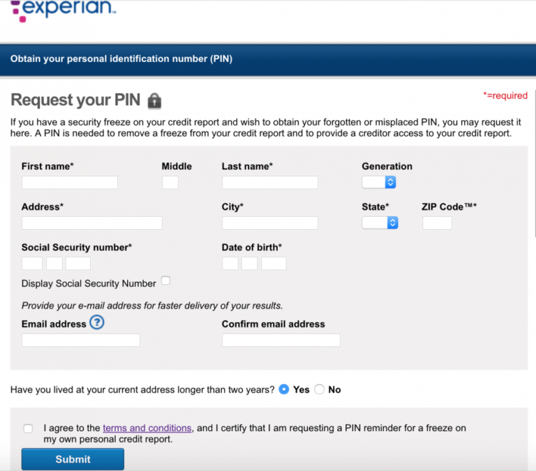 experian credit freeze release